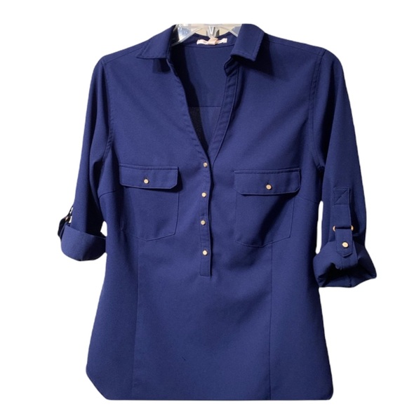 Skies Are Blue Tops - SKIES ARE BLUE Haldis Roll tab Blouse top Navy purple size Medium